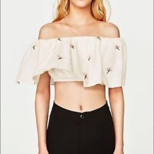ZARA Off Shoulder Floral Ruffle Crop Top